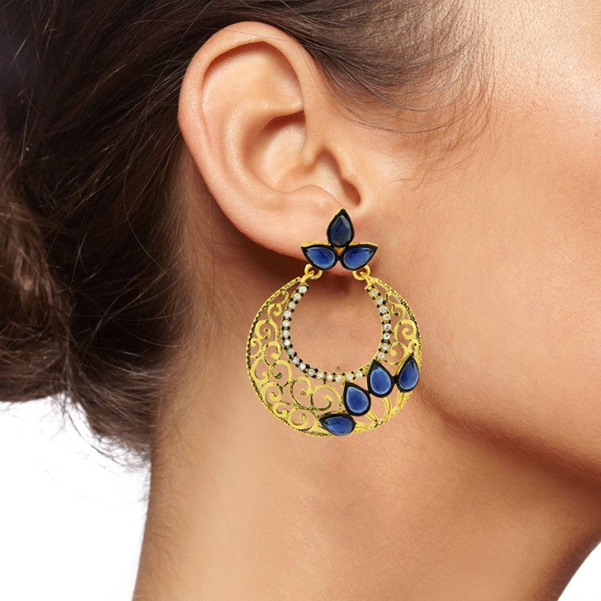 Chaand Bali Gold Sapphire Blue American Diamond Cz Jhumki Earring