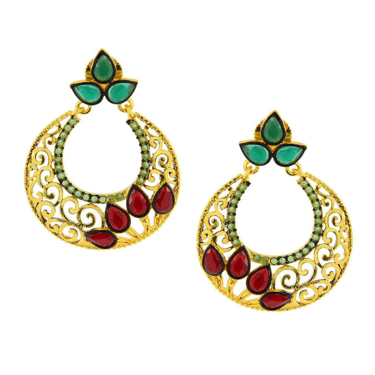 Chaand Bali Gold Red Green American Diamond CZ Jhumki Earring Bulk