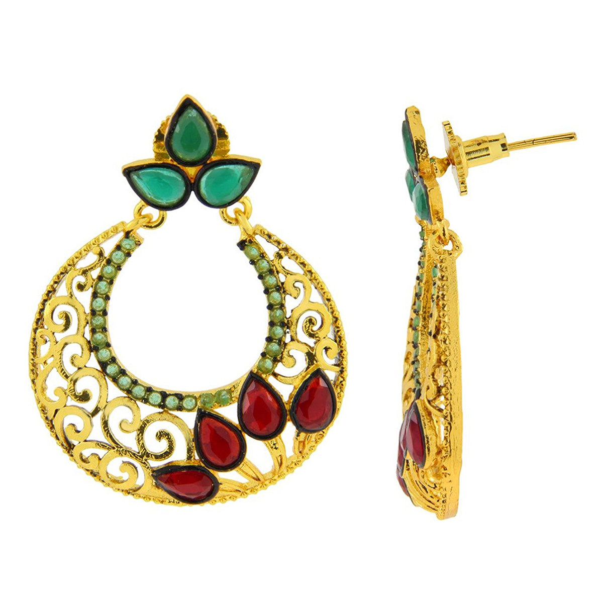 Chaand Bali Gold Red Green American Diamond CZ Jhumki Earring Bulk
