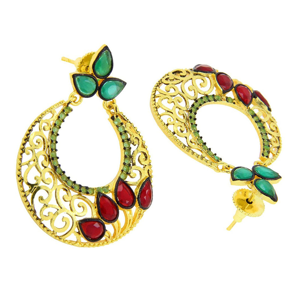 Chaand Bali Gold Red Green American Diamond CZ Jhumki Earring Bulk