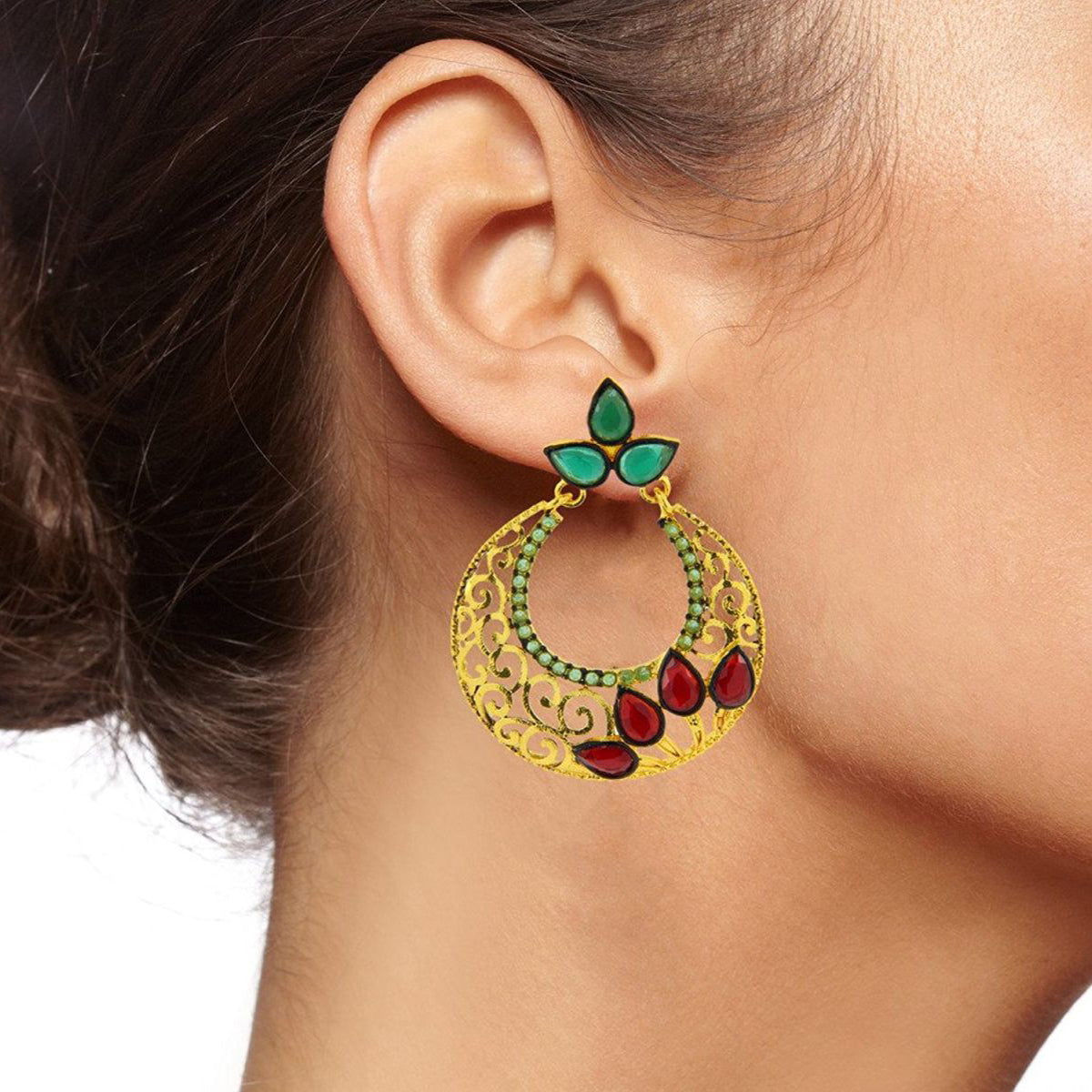 Chaand Bali Gold Red Green American Diamond CZ Jhumki Earring Bulk