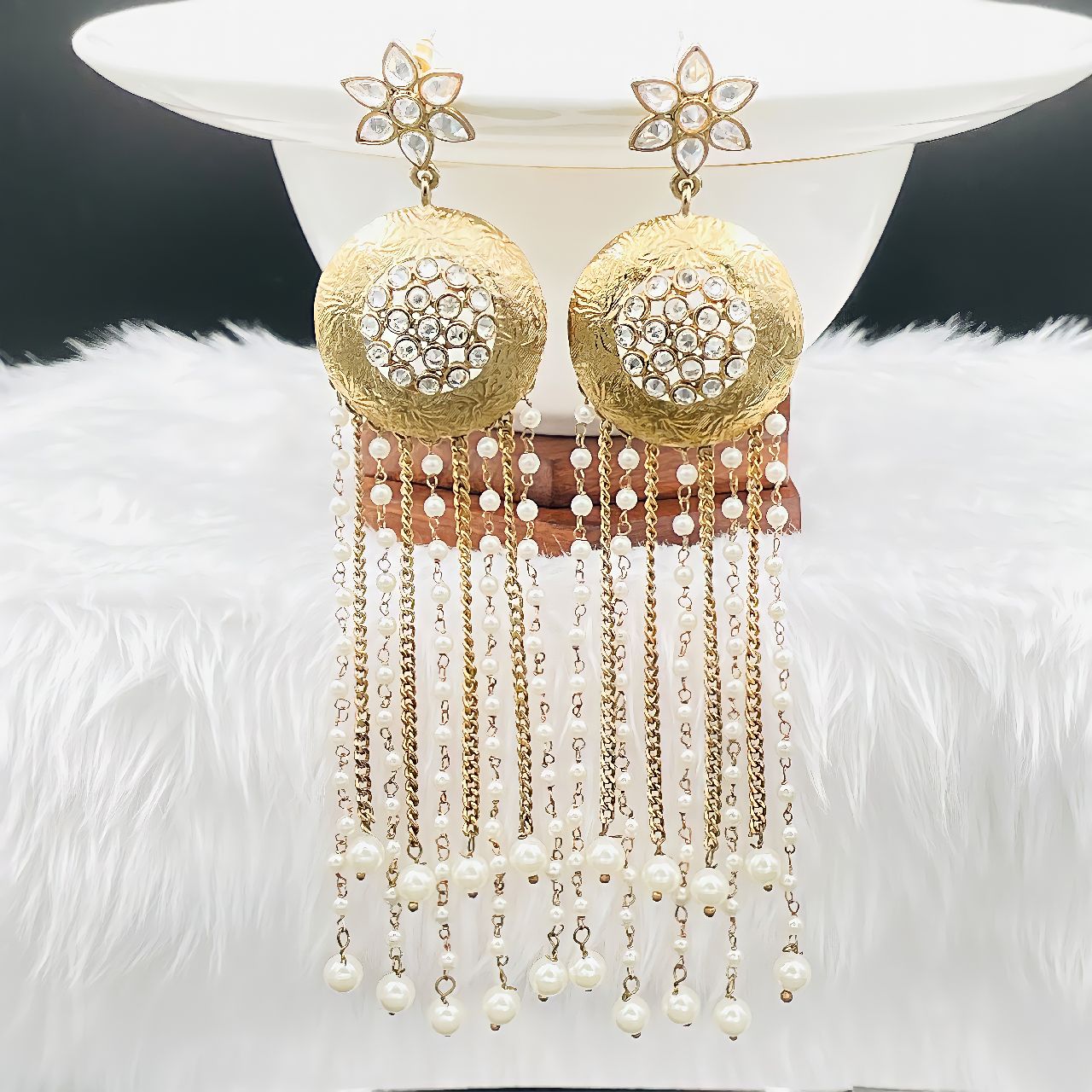 Kundan Pearl Gold Indo Western Designer Statement Long Dangling Tassel Earring Main image