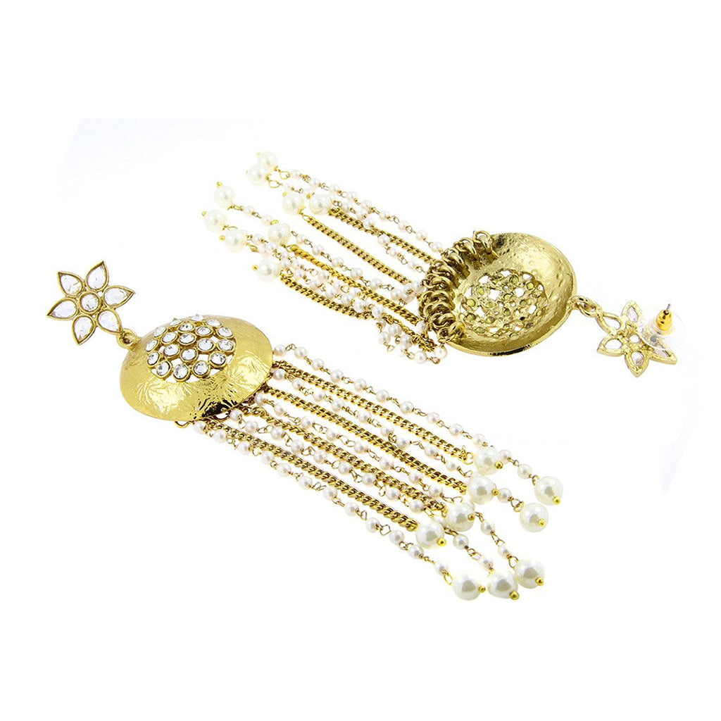 Kundan Pearl Gold Indo Western Designer Statement Long Dangling Tassel Earring