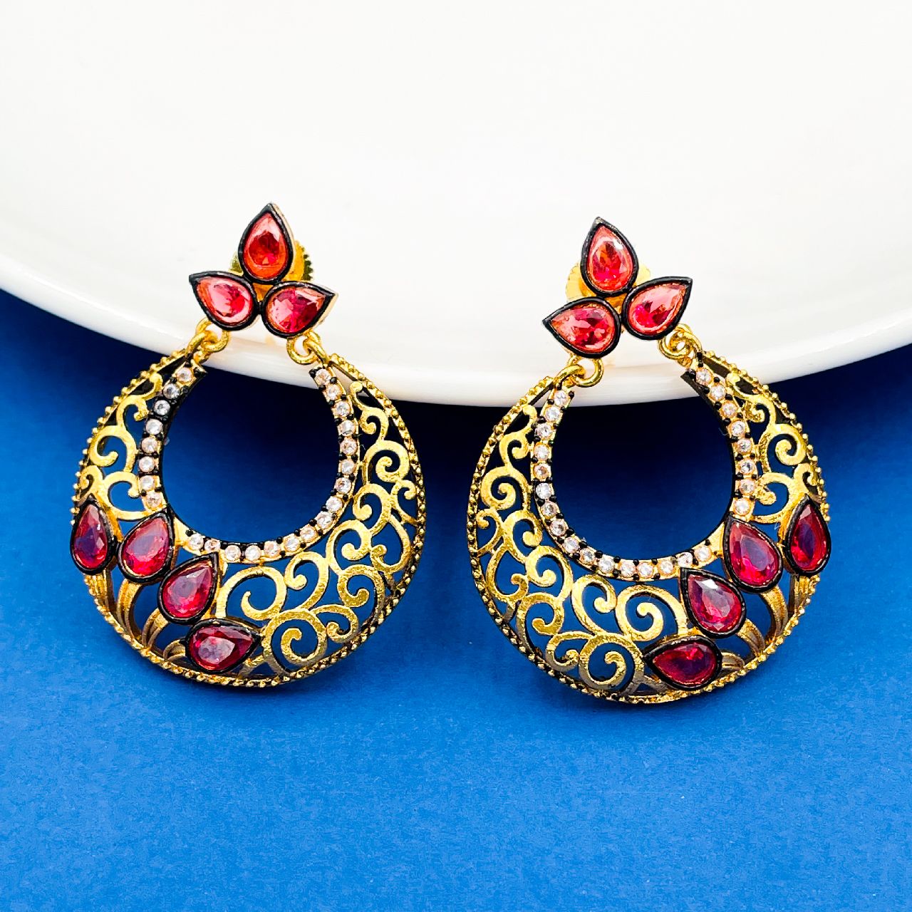 Chaand Bali Gold Sapphire Pink American Diamond Cz Jhumki Earring Main image