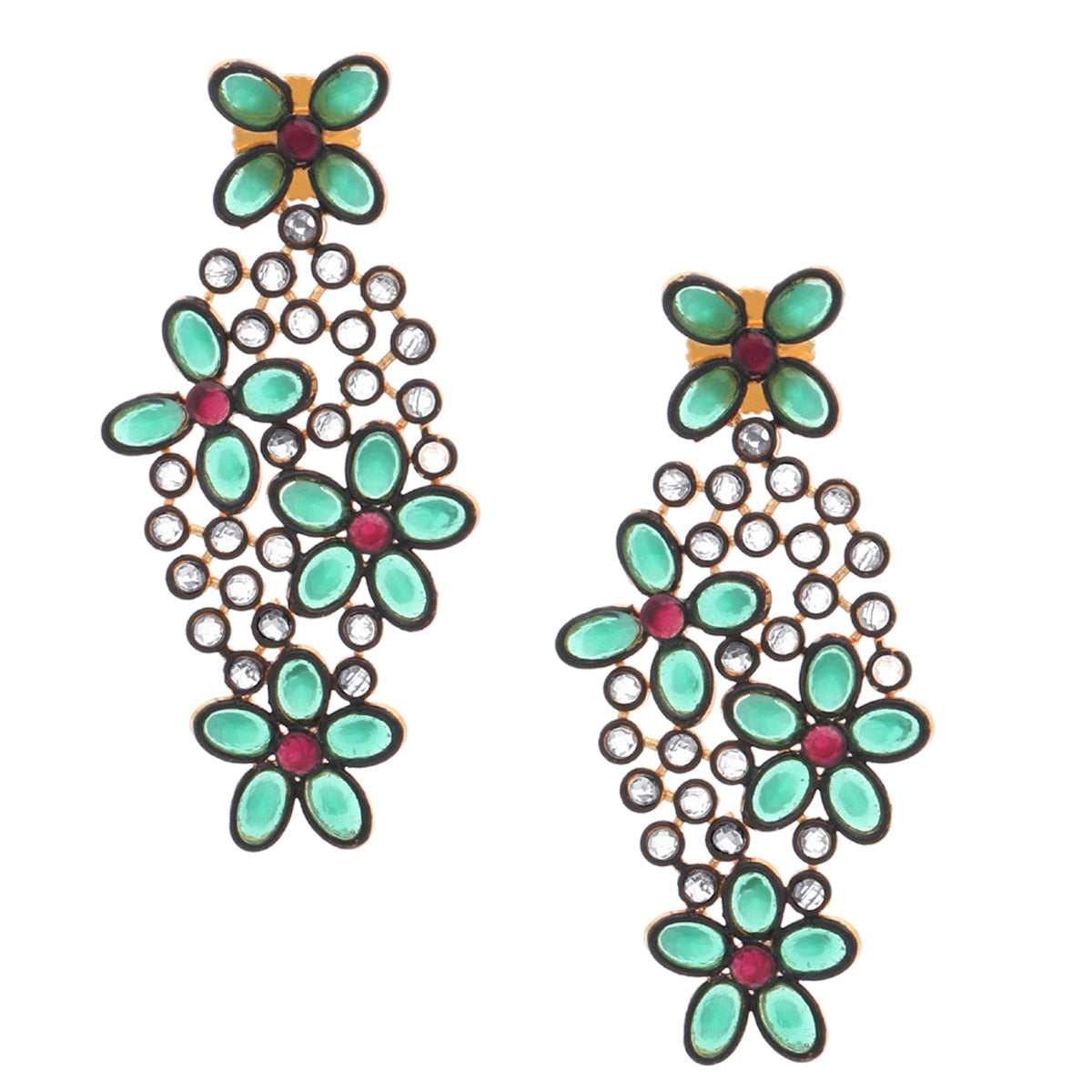 Floral Red Green Kundan Gold Dangling Delicate Earring For Women Bulk Main image