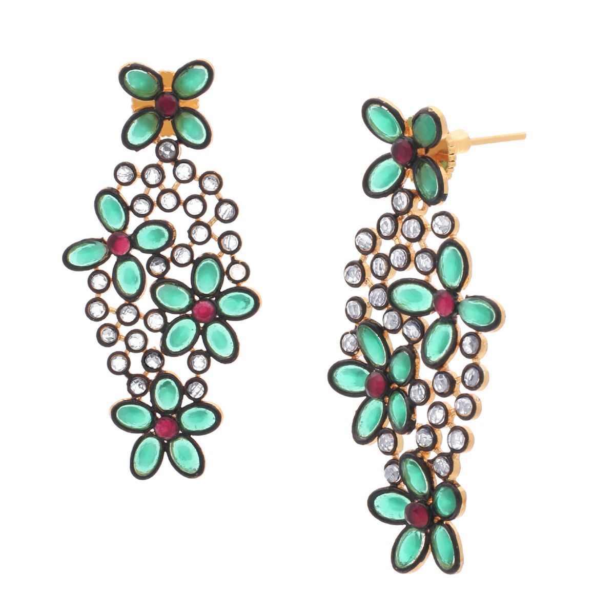 Floral Red Green Kundan Gold Dangling Delicate Earring For Women Bulk Secondary image