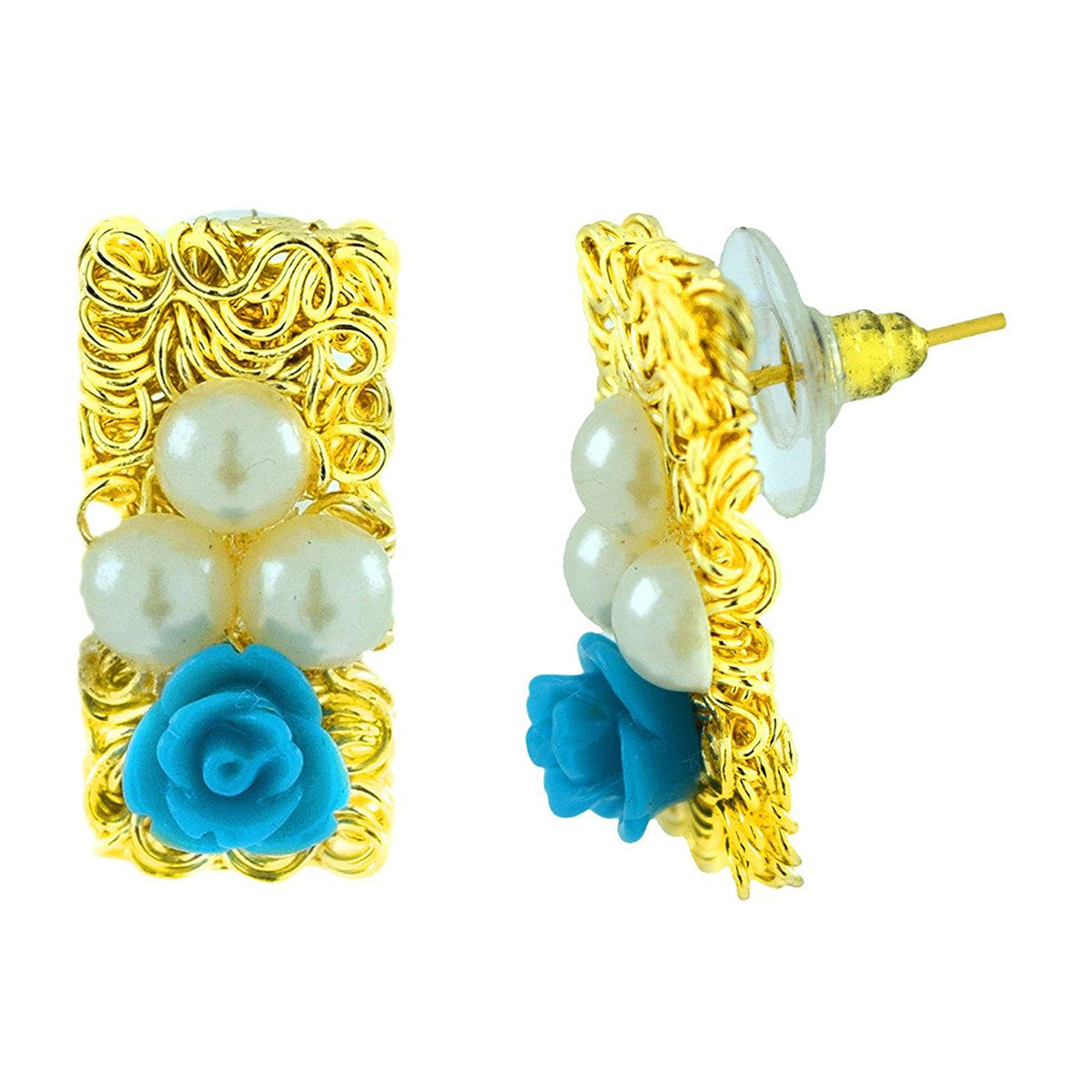 Daily Wear Gold Plated Sky Blue Flower Pearl Stud Earring Women Bulk