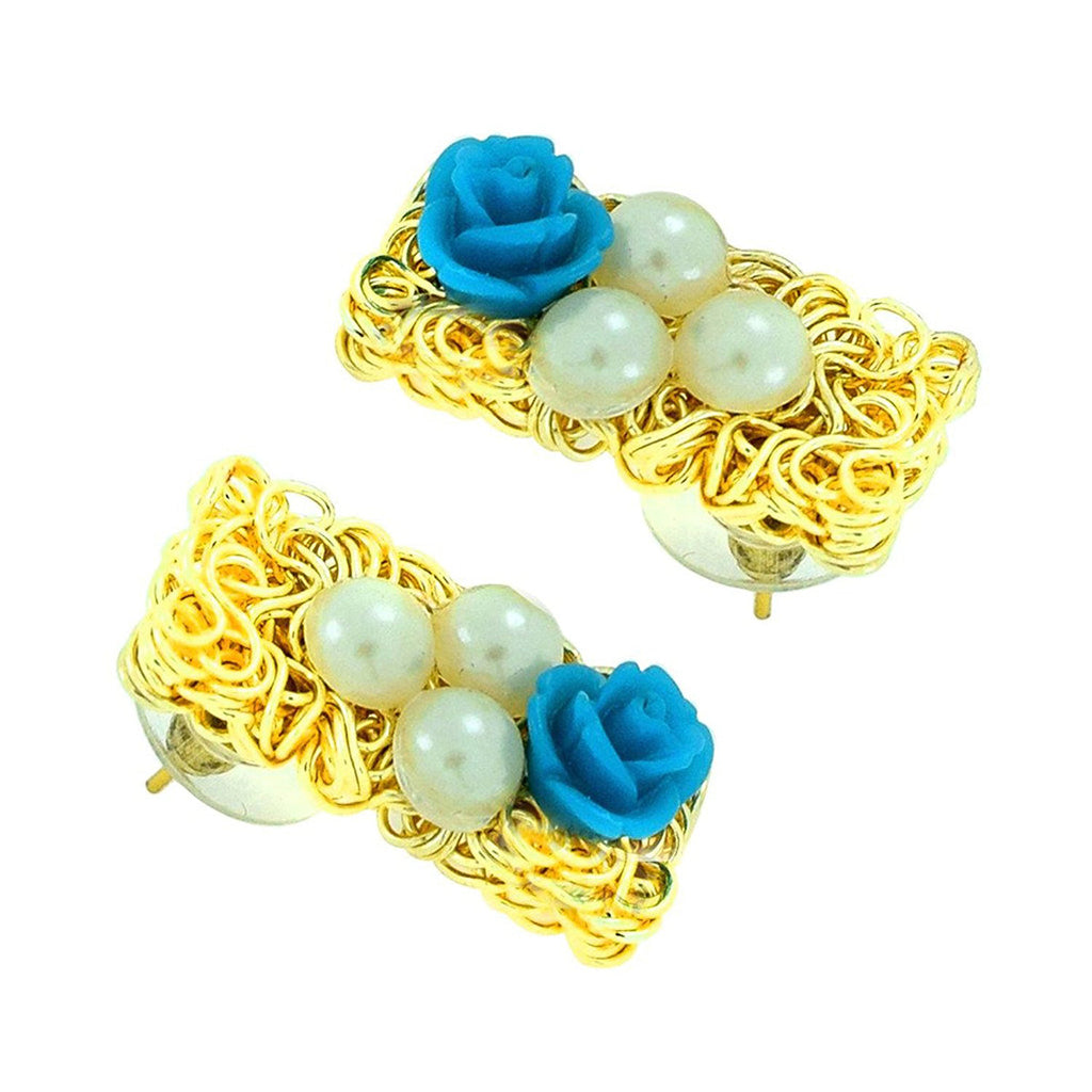 Daily Wear Gold Plated Sky Blue Flower Pearl Stud Earring Women Bulk