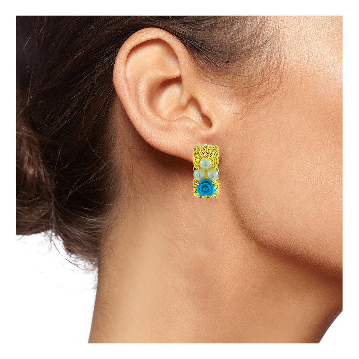 Daily Wear Gold Plated Sky Blue Flower Pearl Stud Earring Women Bulk