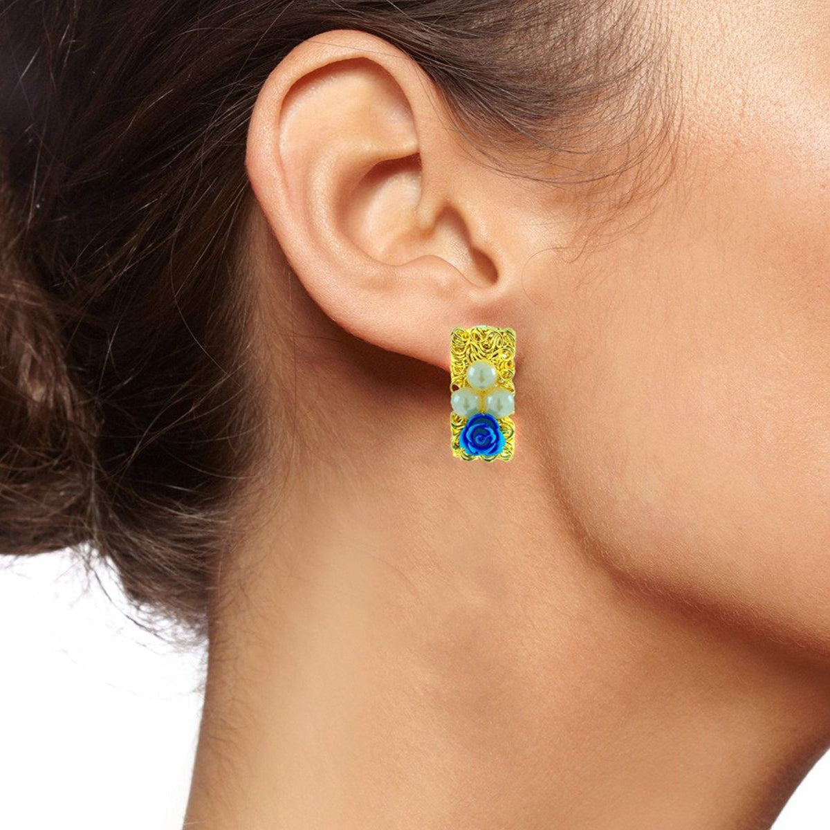Daily Wear Gold Plated Dark Blue Flower Pearl Stud Earring Women Bulk