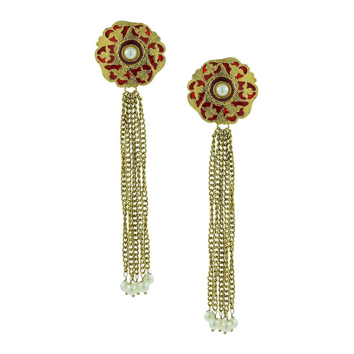 Designer Long Statement Gold Maroon Meenakari Pearl Dangling Tassel Earring For Women Main image