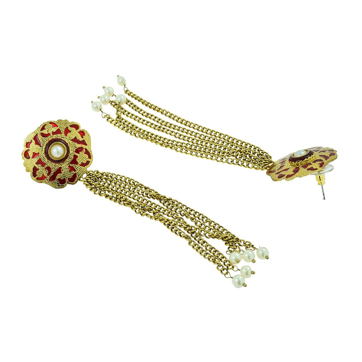 Designer Long Statement Gold Maroon Meenakari Pearl Dangling Tassel Earring For Women Secondary image