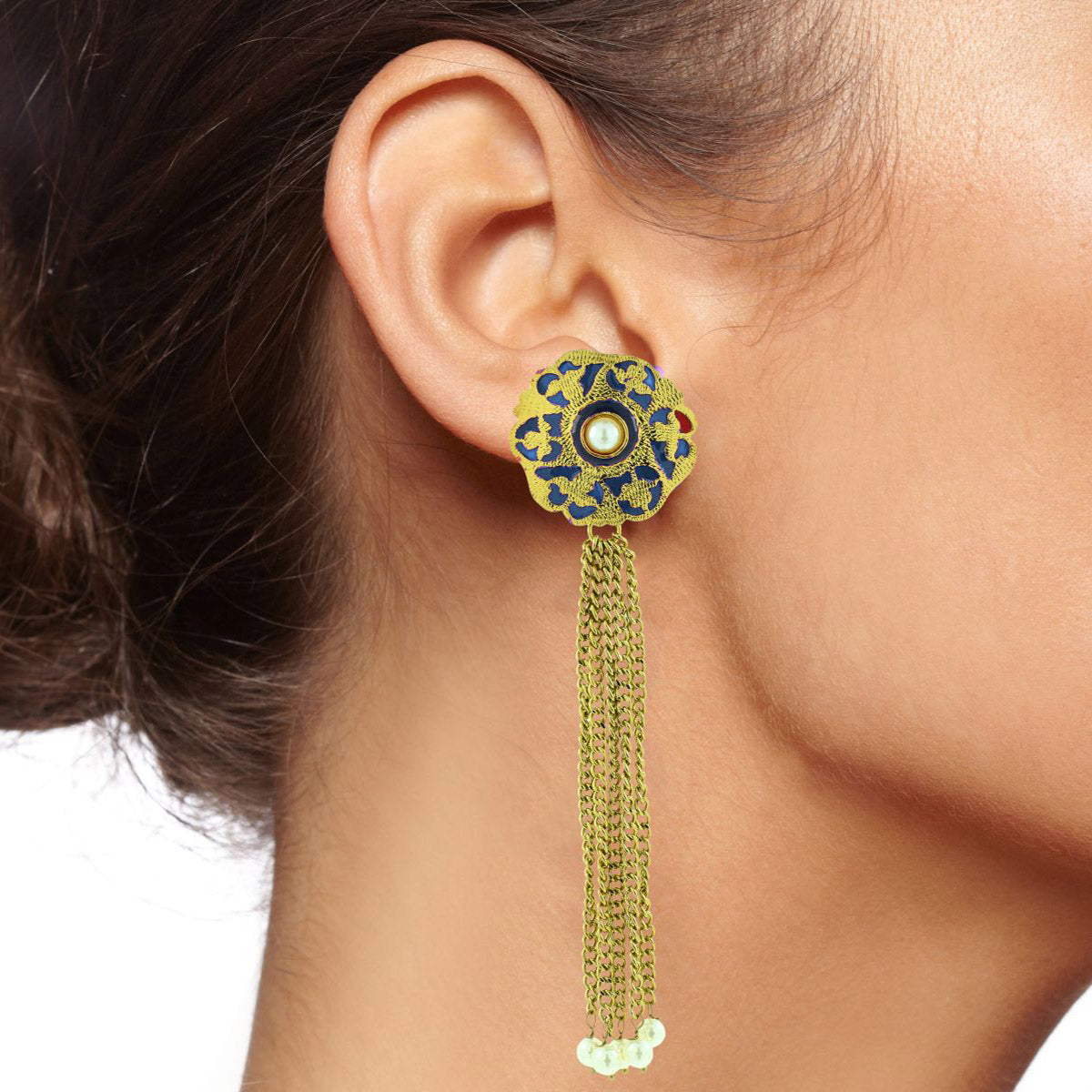 Designer Long Statement Gold Blue Meenakari Pearl Earring Women Bulk