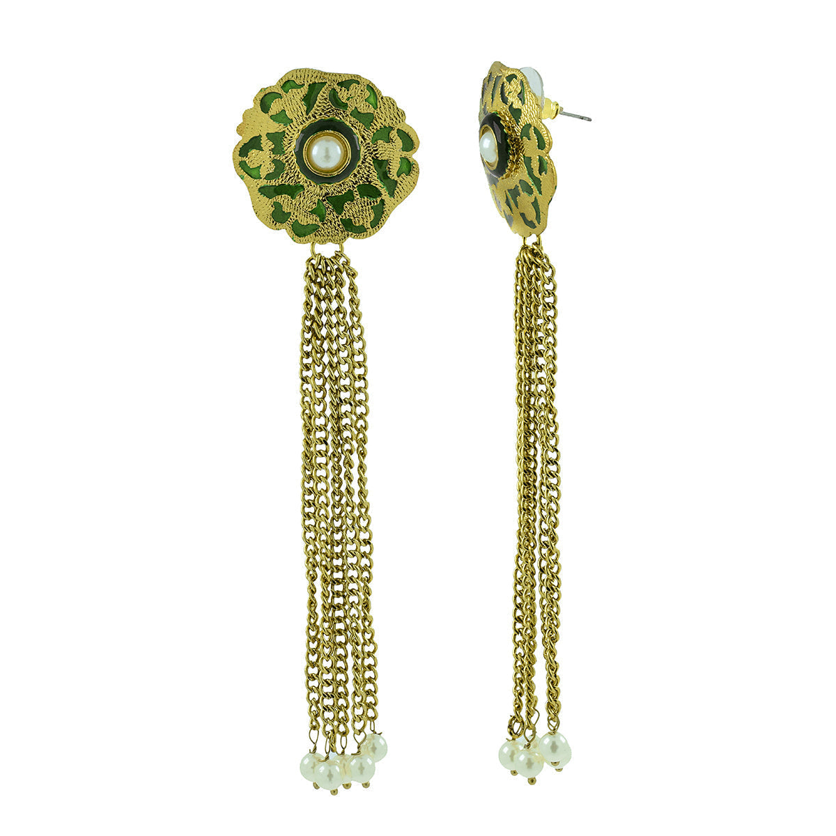 Long Statement Gold Green Meenakari Pearl Dangling Tassel Earring Bulk Secondary image