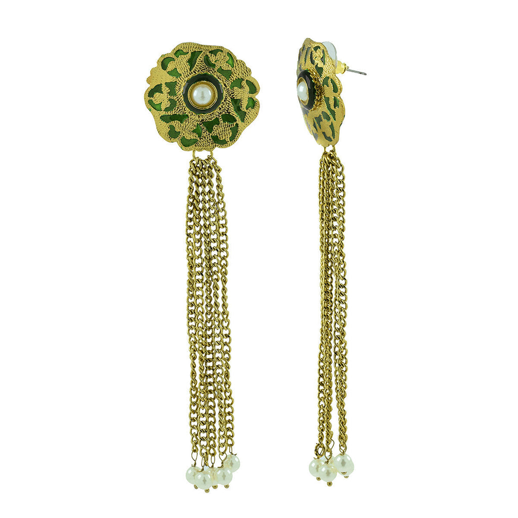 Long Statement Gold Green Meenakari Pearl Dangling Tassel Earring Bulk
