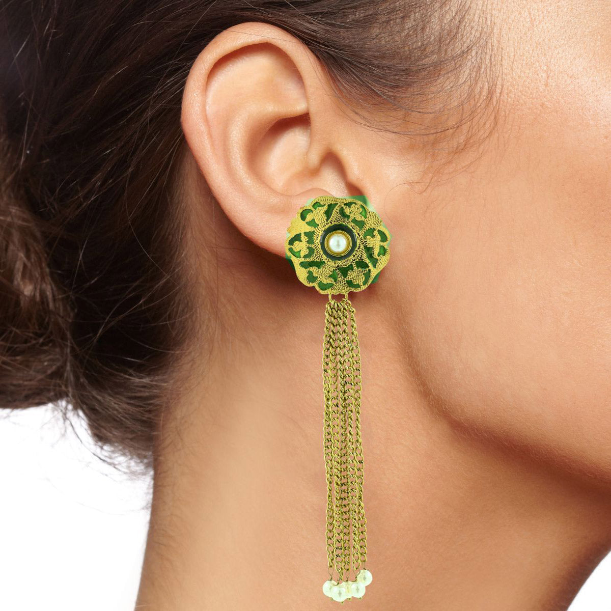 Long Statement Gold Green Meenakari Pearl Dangling Tassel Earring Bulk