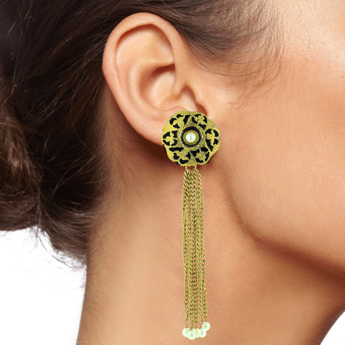 Long Statement Gold Black Meenakari Pearl Dangling Tassel Earring Bulk