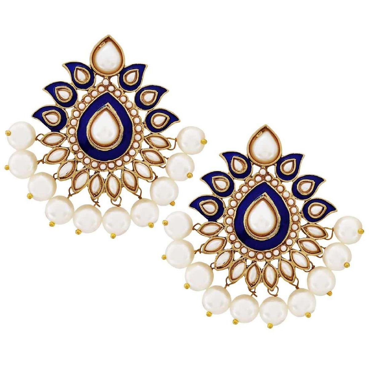 Traditional Gold Plated Dark Blue Meenakari Pearl Festive Earring Secondary image
