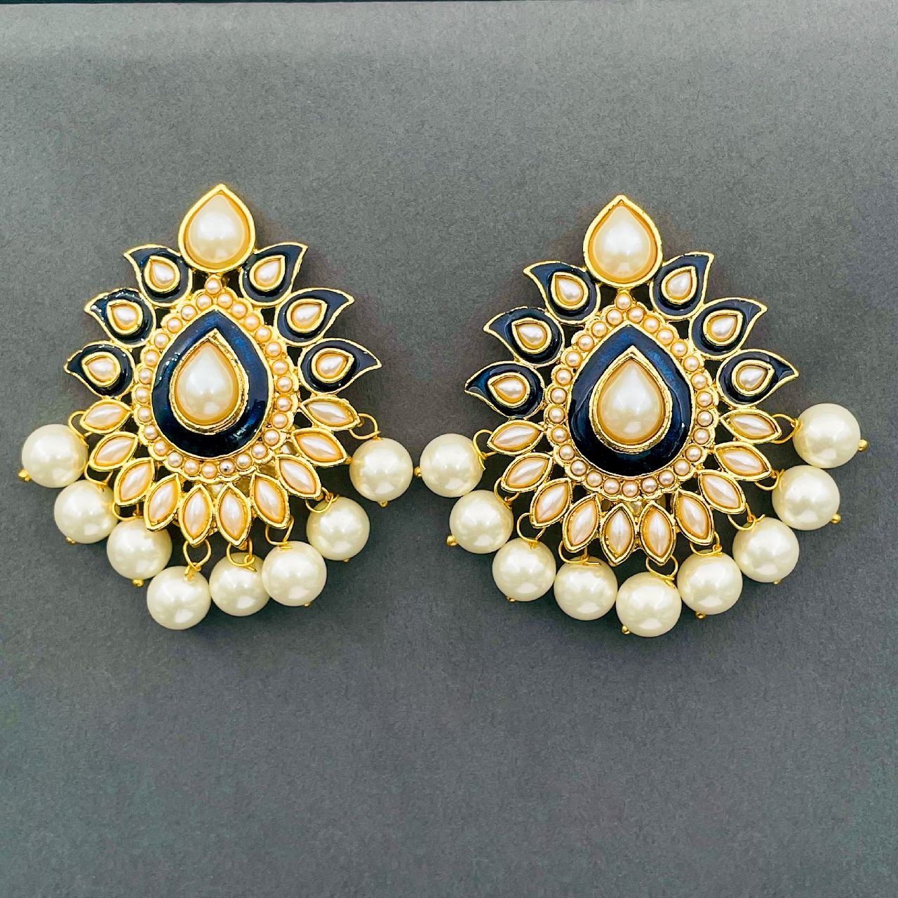 Traditional Gold Plated Dark Blue Meenakari Pearl Festive Earring Main image