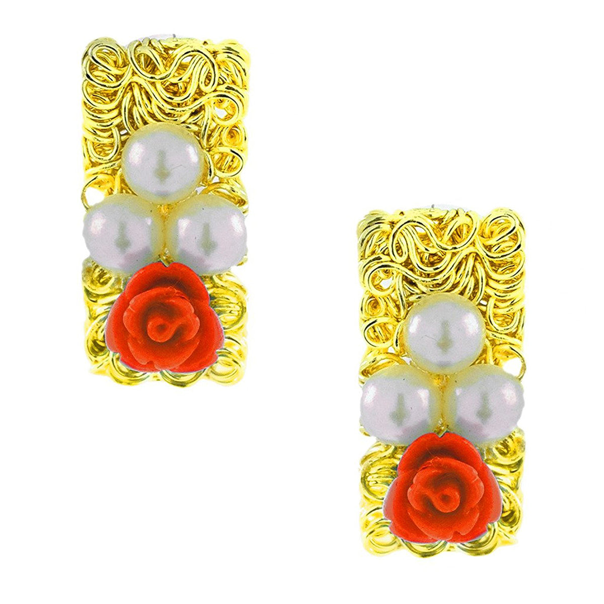 Daily Wear Gold Plated Coral Red Flower Pearl Stud Earring Women Bulk