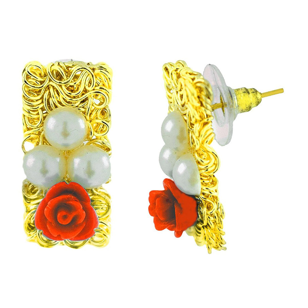 Daily Wear Gold Plated Coral Red Flower Pearl Stud Earring Women Bulk