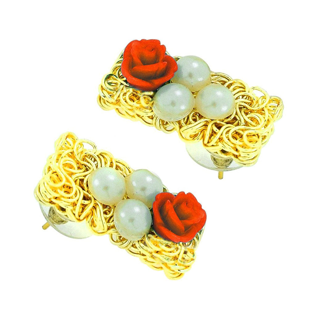 Daily Wear Gold Plated Coral Red Flower Pearl Stud Earring Women Bulk