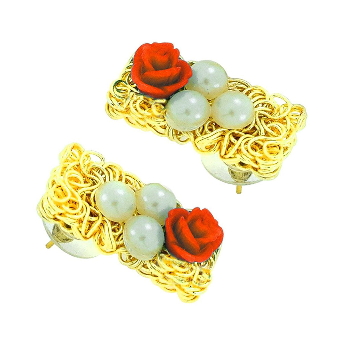 Daily Wear Gold Plated Coral Red Flower Pearl Stud Earring Women Bulk