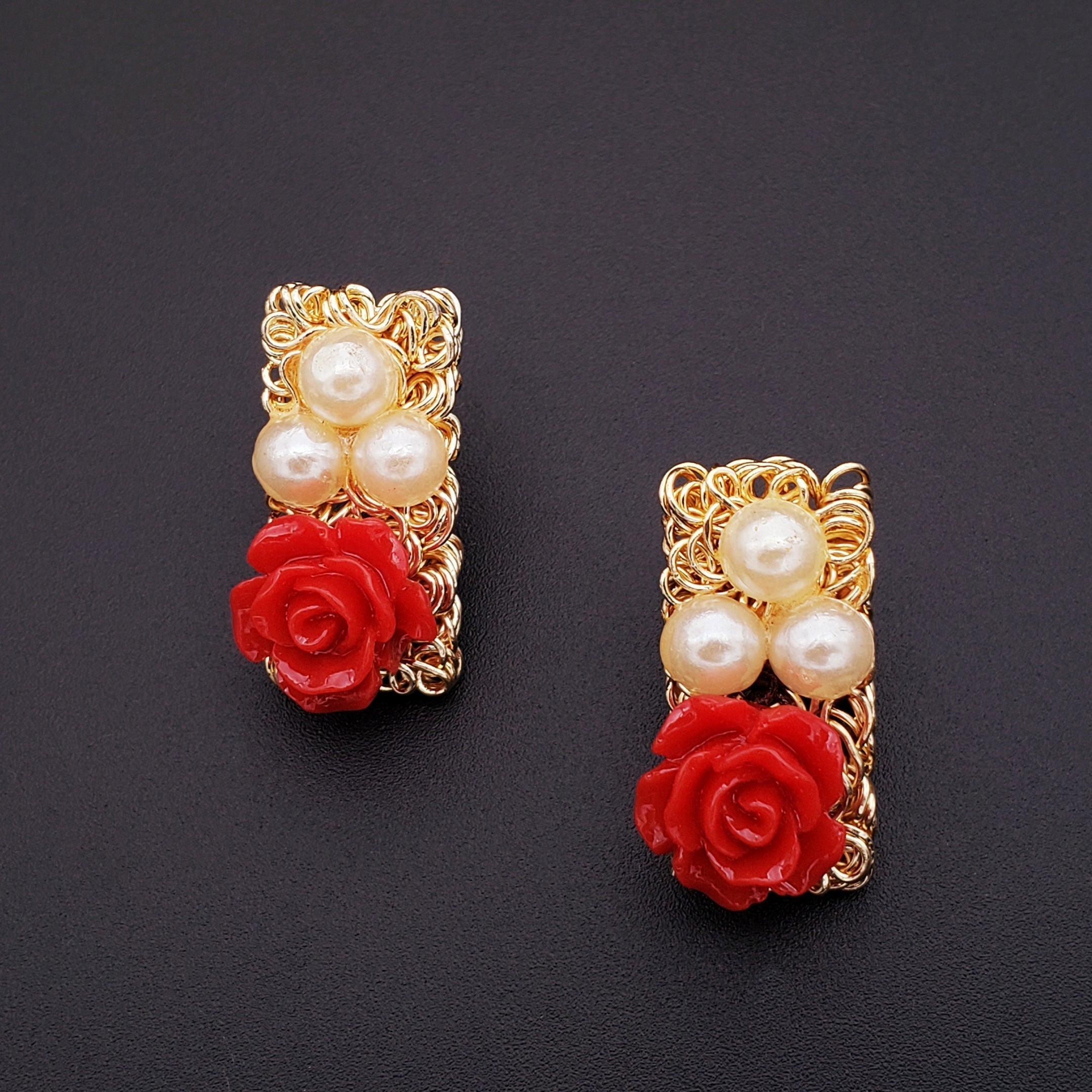 Daily Wear Gold Plated Coral Red Flower Pearl Stud Earring Women Bulk