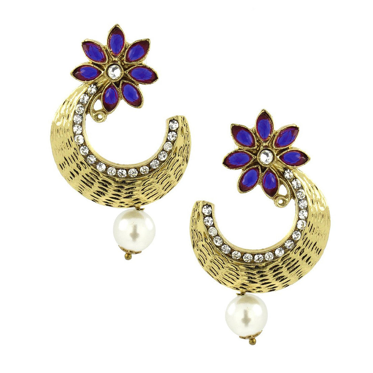 Flower Antique Gold Blue Pearl CZ Chaand Bali Earring Bulk