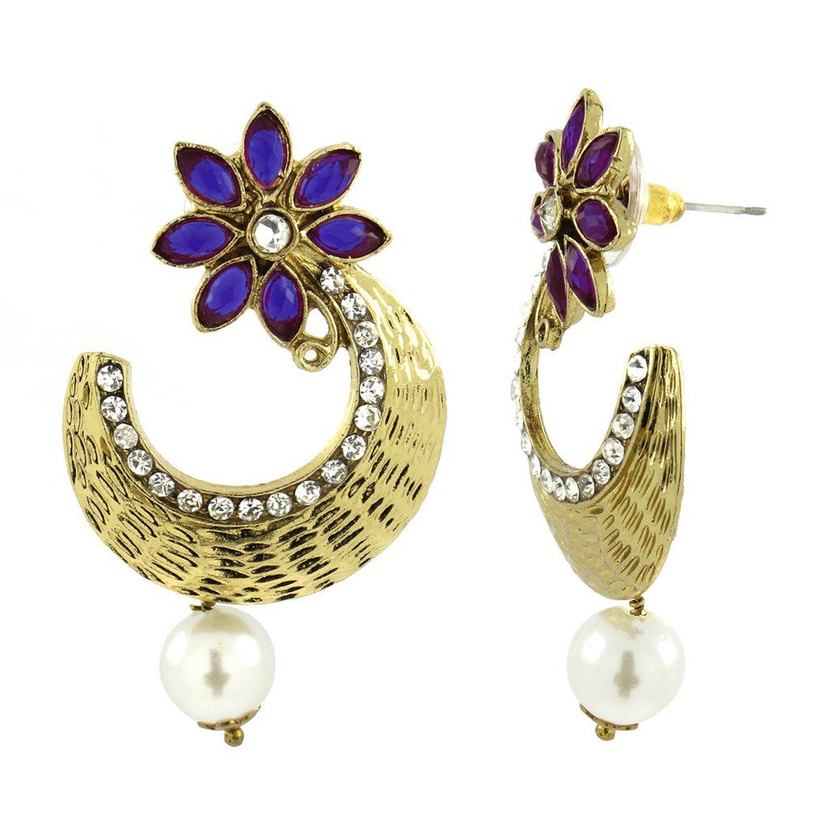Flower Antique Gold Blue Pearl CZ Chaand Bali Earring Bulk