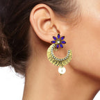 Flower Antique Gold Blue Pearl CZ Chaand Bali Earring Bulk