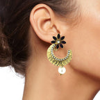 Flower Antique Gold Black Pearl CZ Chaand Bali Earring Bulk