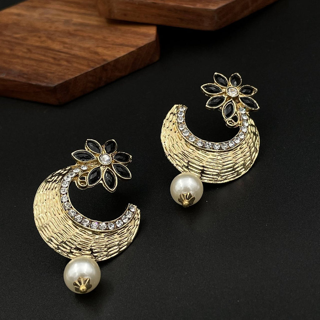 Flower Antique Gold Black Pearl CZ Chaand Bali Earring Bulk