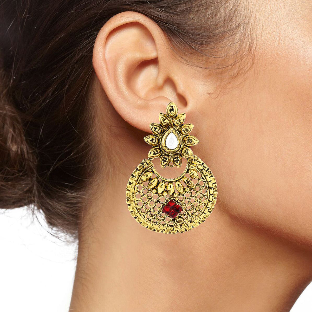 Traditional Chand Bali Ruby Antique 22K Gold Plated Earring Women Bulk