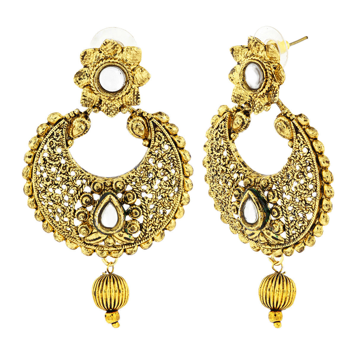 Kundan Filigree Antique 22K Gold Plated Chand Bali Earring Women Bulk