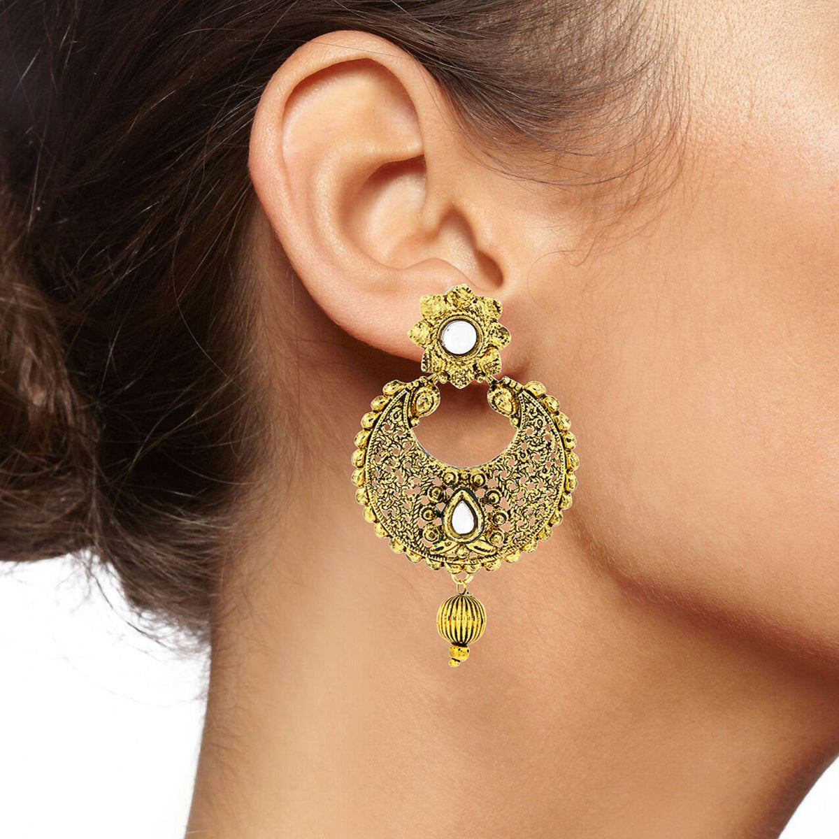 Kundan Filigree Antique 22K Gold Plated Chand Bali Earring Women Bulk