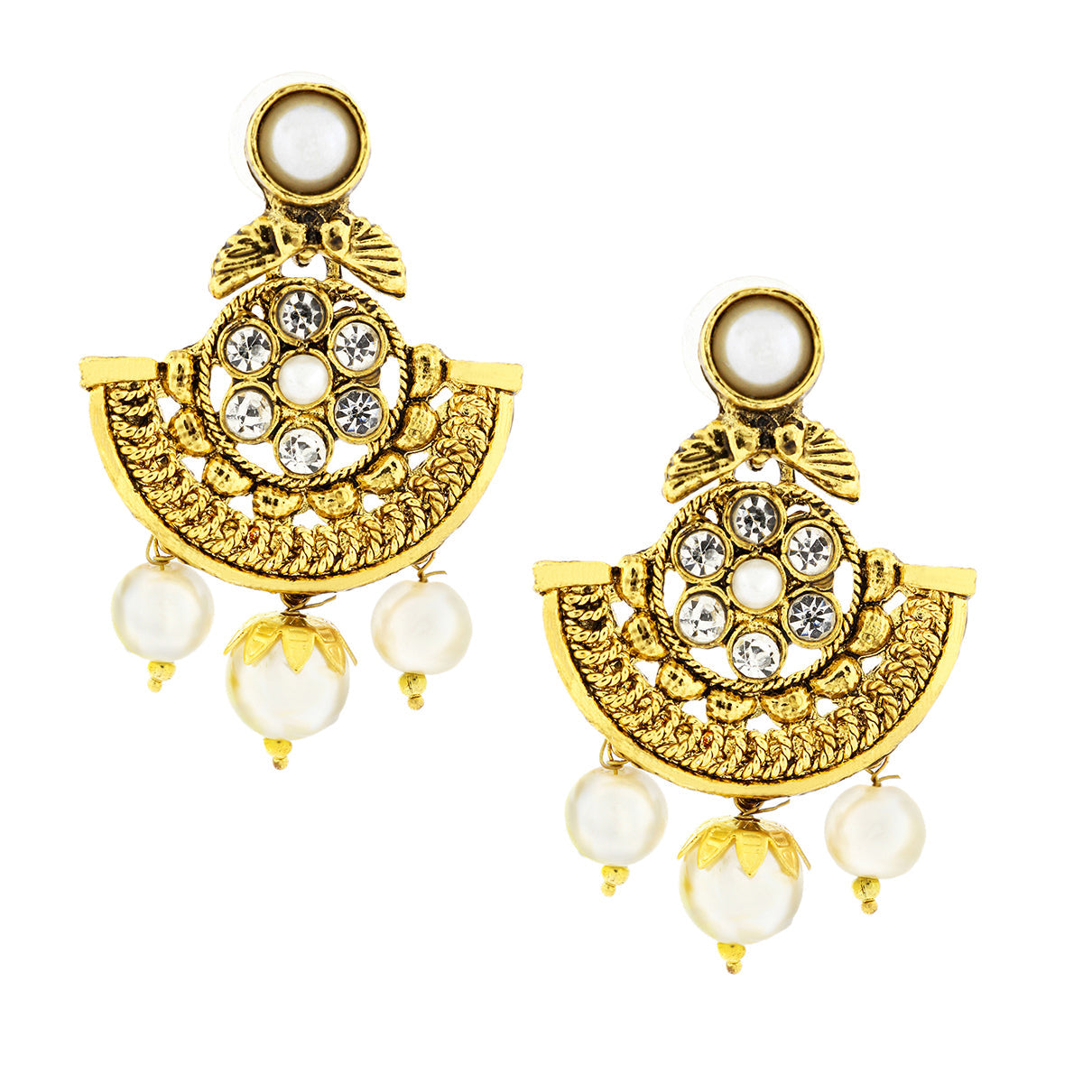 Traditional 22K Gold Plated Chand Bali Cz Pearl Earring For Women Main image