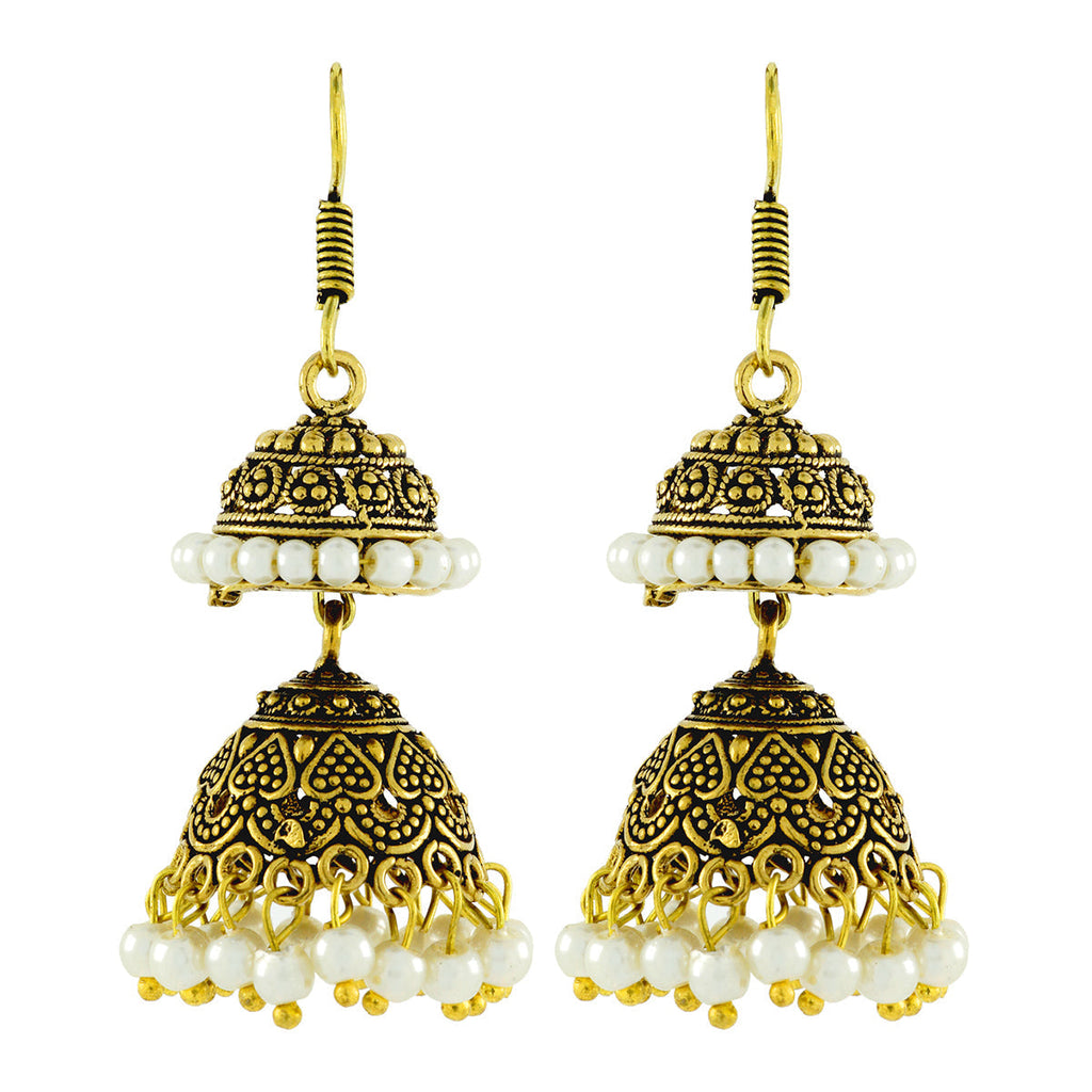 Antique Oxidized Gold Plated Pearl Double Jhumki Earring Women Bulk