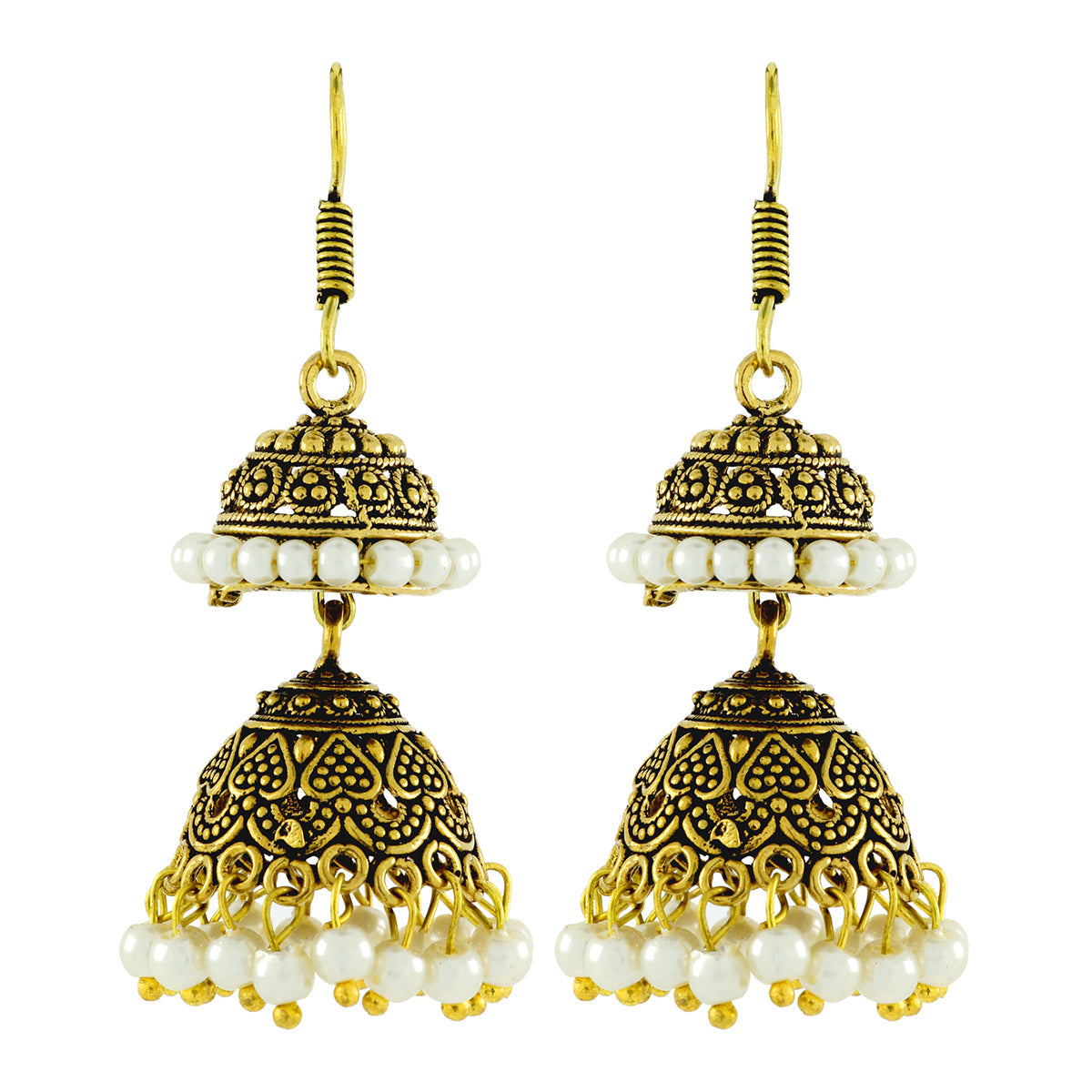 Antique Oxidized Gold Plated Pearl Double Jhumki Earring Women Bulk