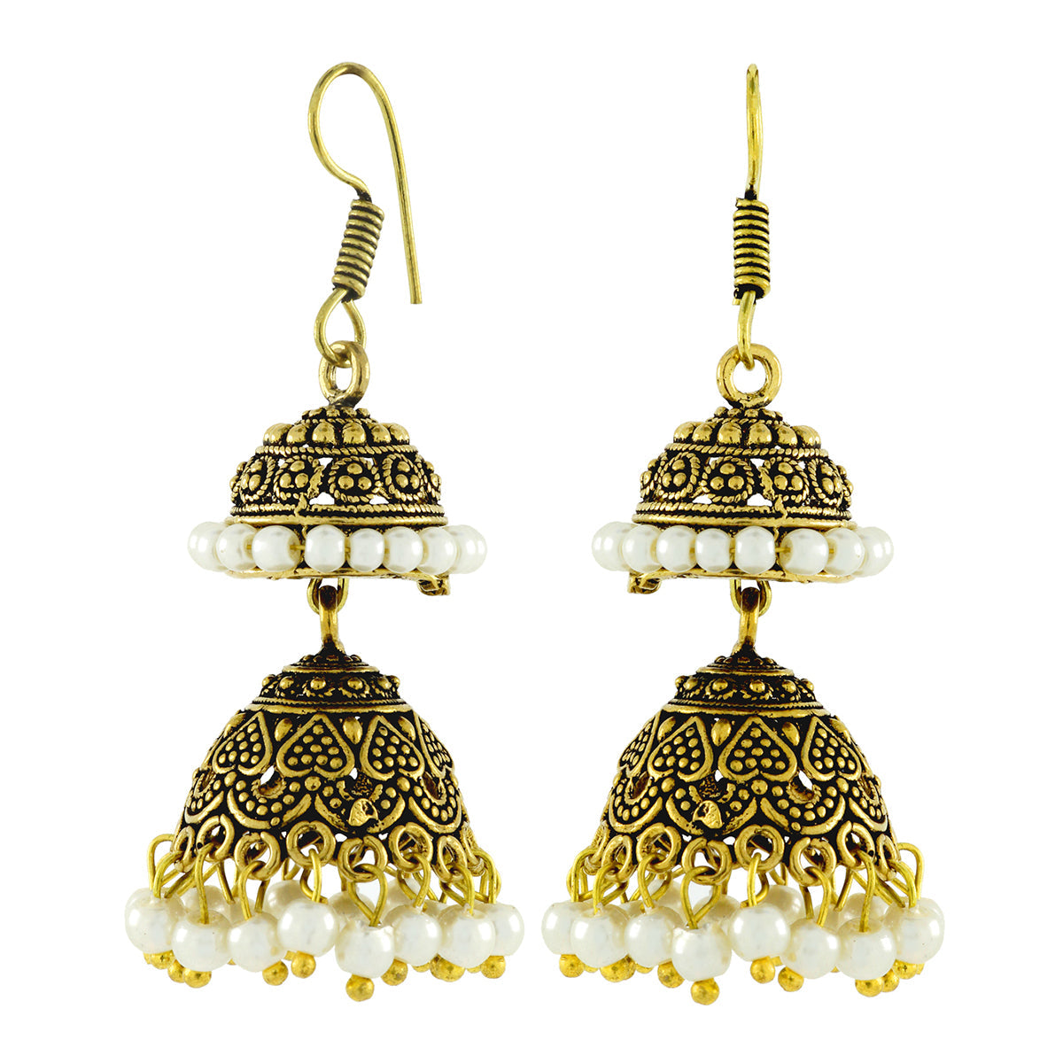 Antique Oxidized Gold Plated Pearl Double Jhumki Earring Women Bulk