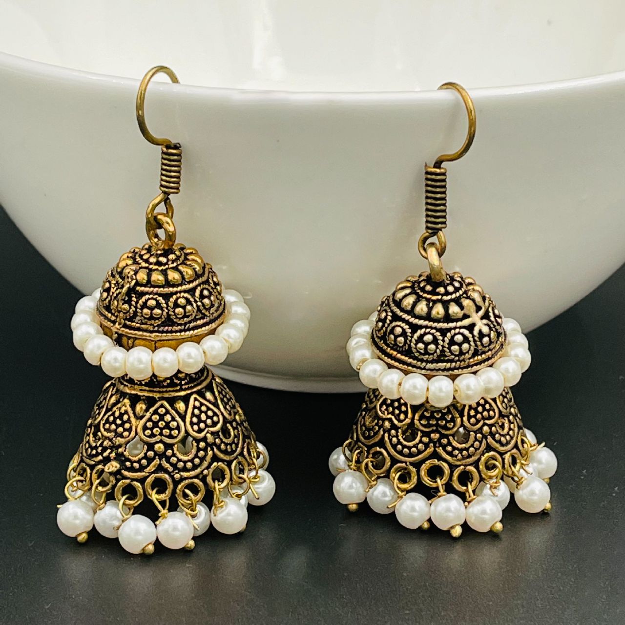 Antique Oxidized Gold Plated Pearl Double Jhumki Earring Women Bulk