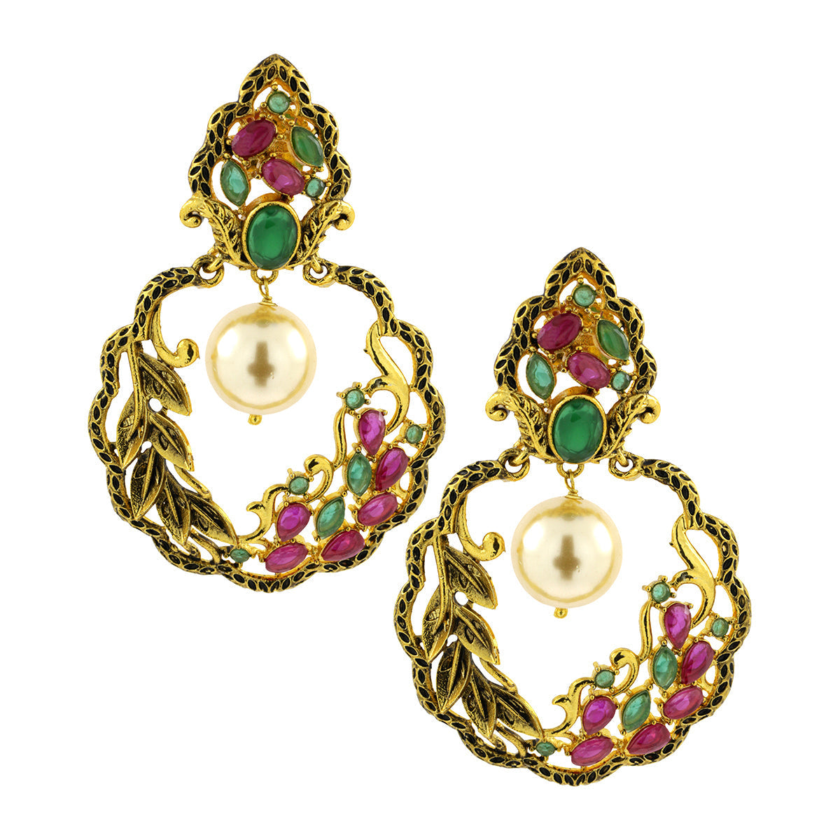 Antique Traditional 22K Gold Red Green Pearl Dangling Earring Bulk Main image