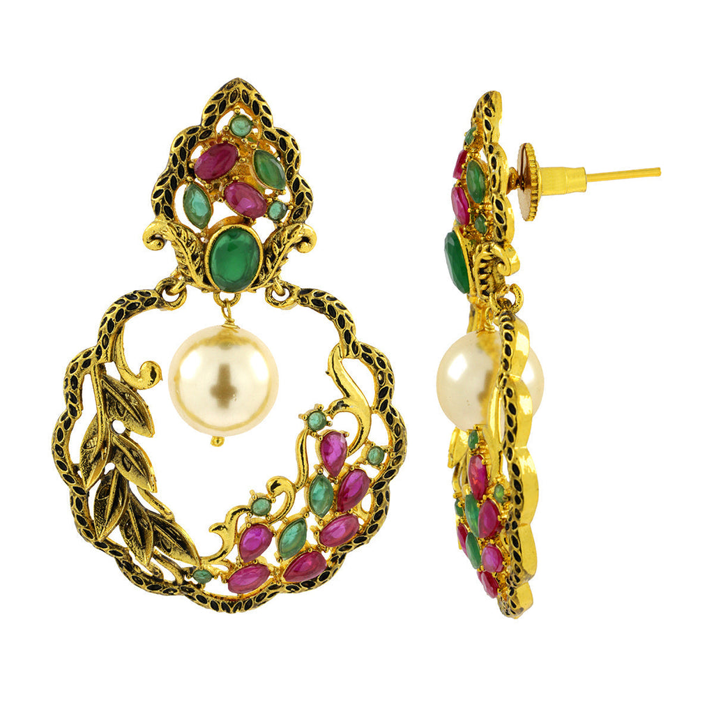 Antique Traditional 22K Gold Red Green Pearl Dangling Earring Bulk