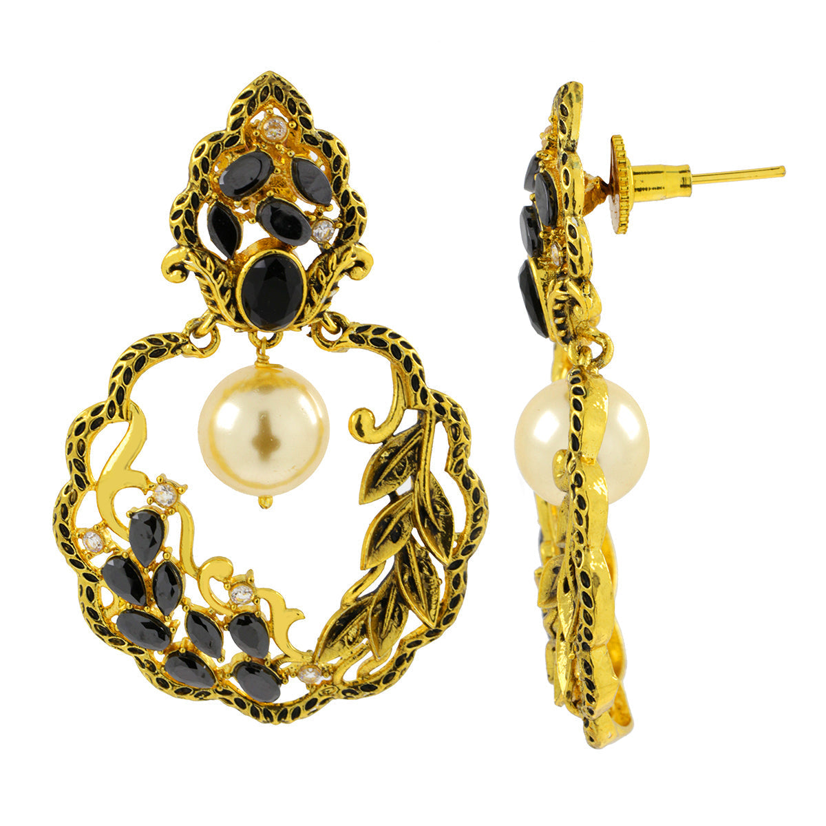 Antique Traditional 22K Gold Black Pearl Dangling Earring Women Bulk