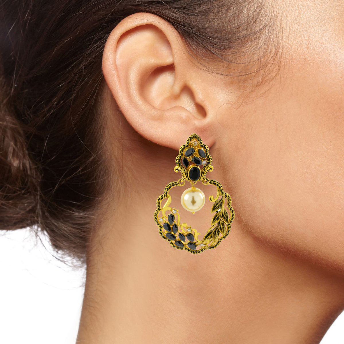 Antique Traditional 22K Gold Black Pearl Dangling Earring Women Bulk