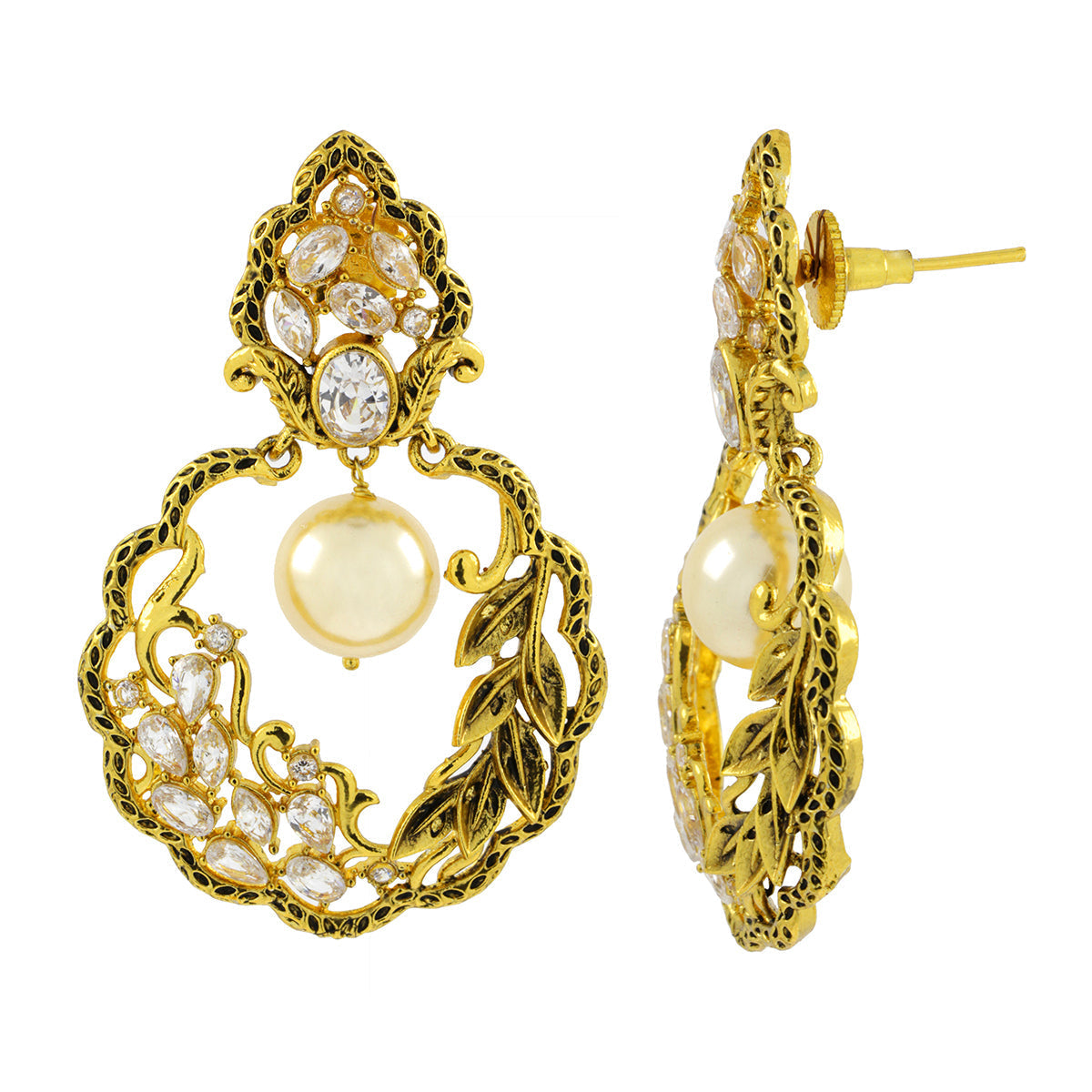 Antique Traditional 22K Gold CZ Pearl Kundan Dangling Earring Bulk Secondary image