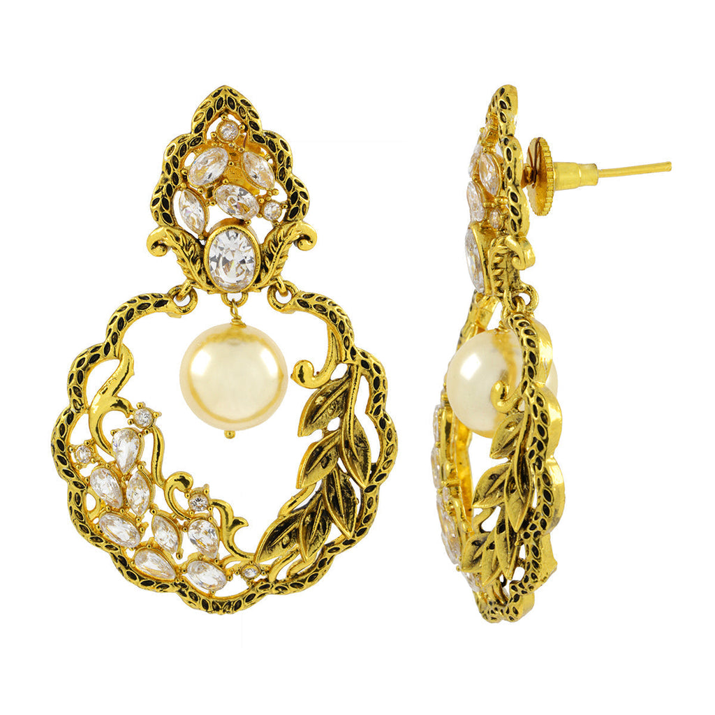 Antique Traditional 22K Gold CZ Pearl Kundan Dangling Earring Bulk