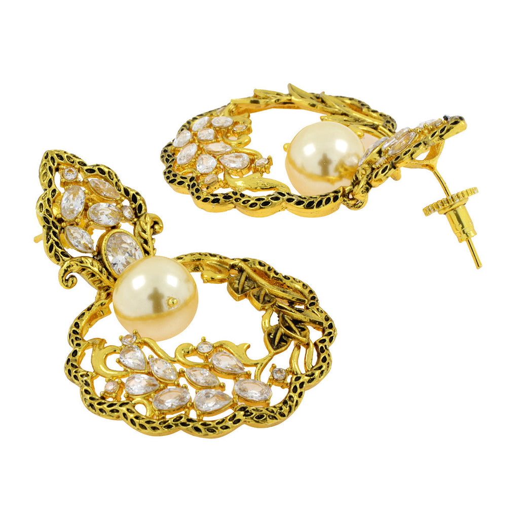 Antique Traditional 22K Gold CZ Pearl Kundan Dangling Earring Bulk