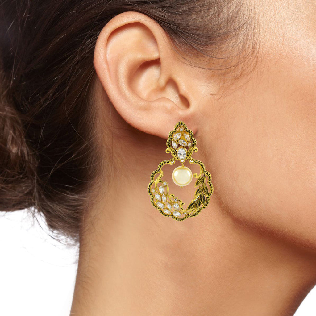 Antique Traditional 22K Gold CZ Pearl Kundan Dangling Earring Bulk