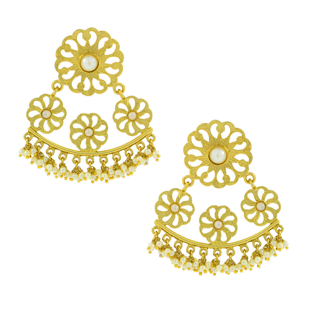 Filigree Flower Pearl Antique Gold Plated Chandelier Earring Bulk